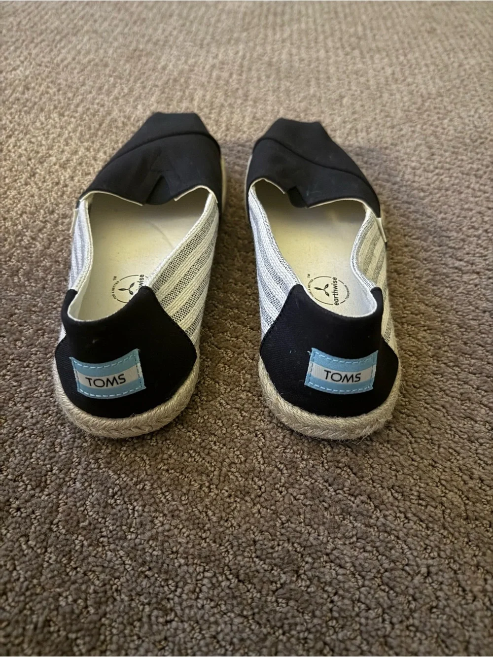 Toms Womens Black and White Striped Canvas Espadrille Slip-Ons